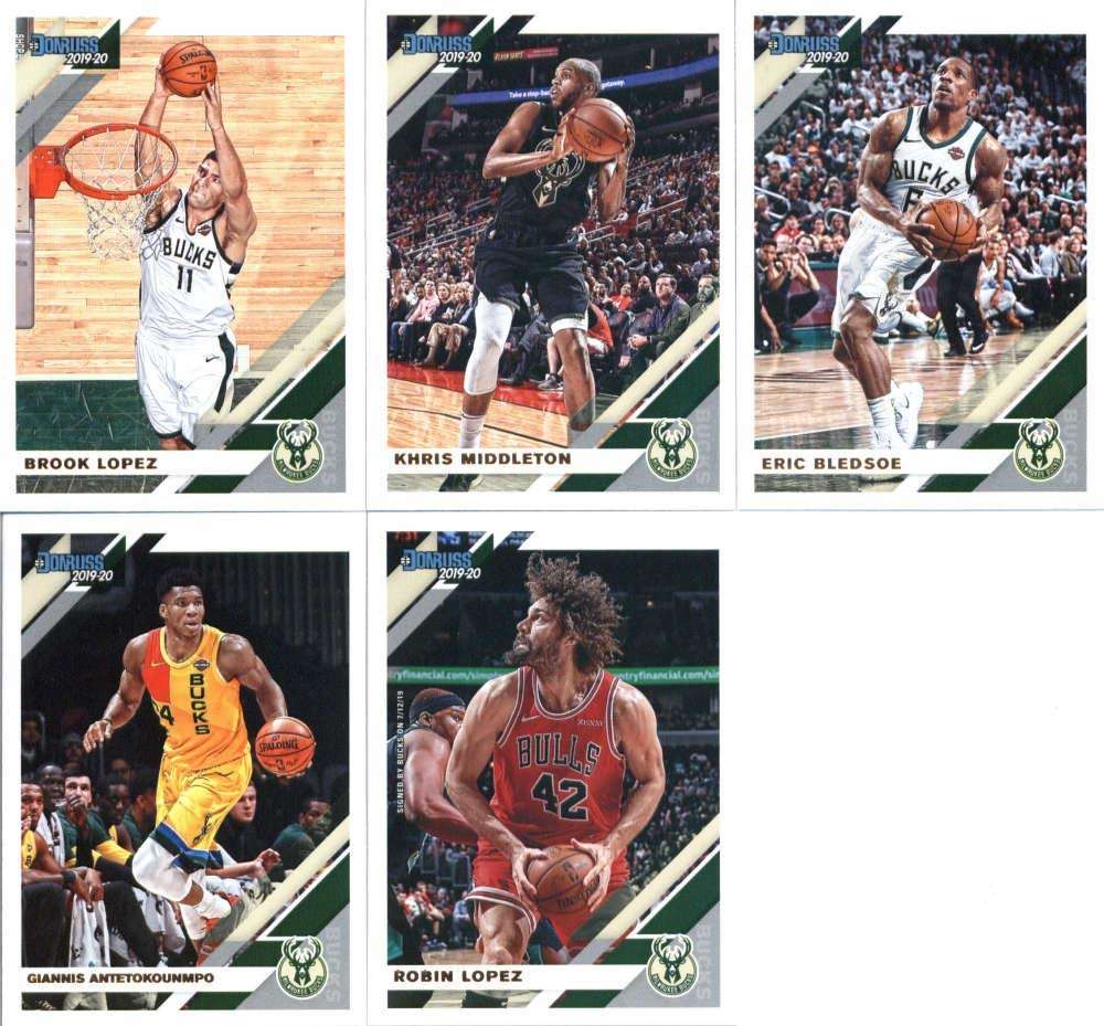 2019-20 Donruss Basketball Milwaukee Bucks Team Set of 5 Cards: Robin Lopez(#34), Giannis Antetokounmpo(#113), Eric Bled