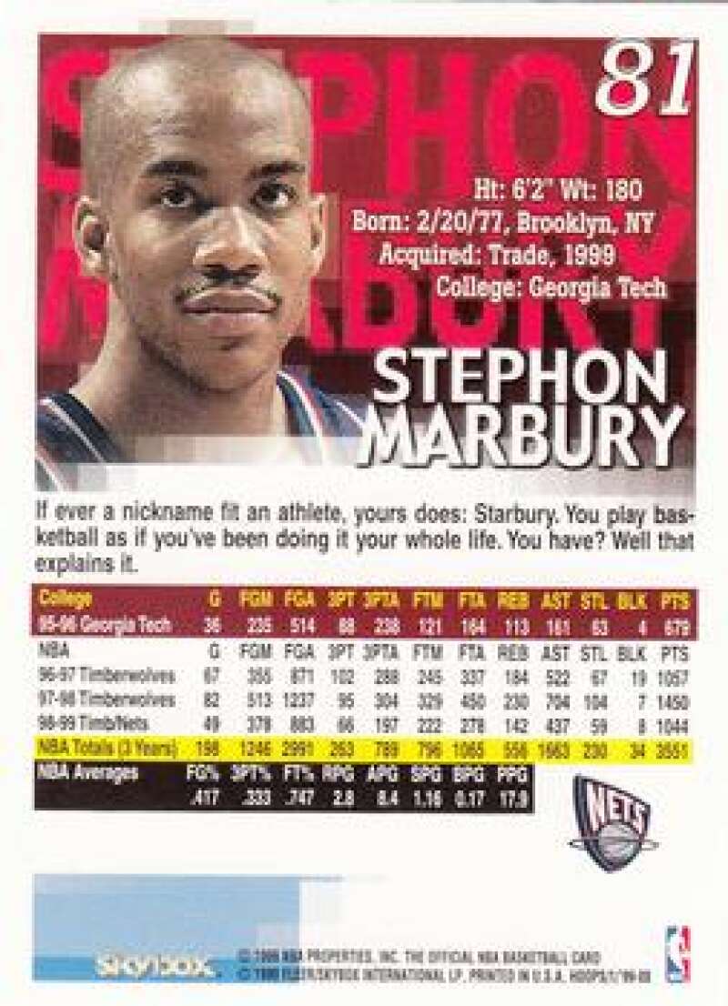 1999-00 NBA Hoops #81 Stephon Marbury New Jersey Nets  Official Basketball Card by SkyBox International