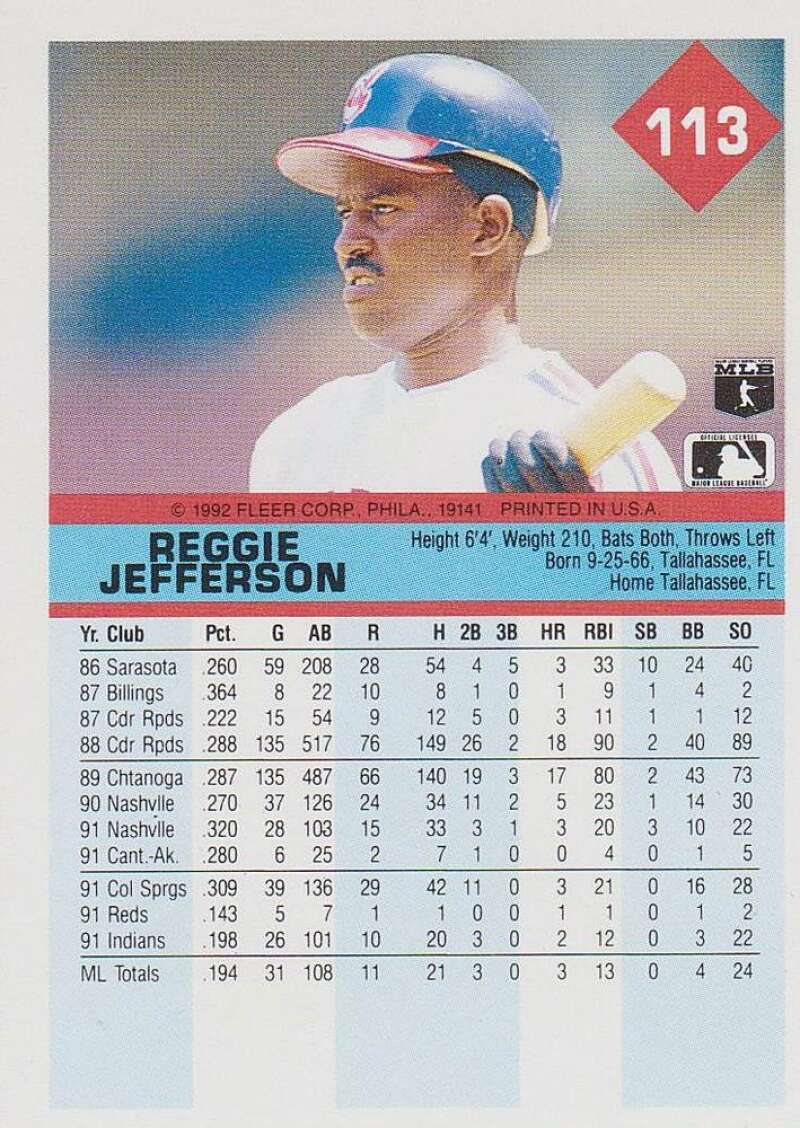 1992 Fleer Baseball #113 Reggie Jefferson Cleveland Indians  Official MLB Trading Card
