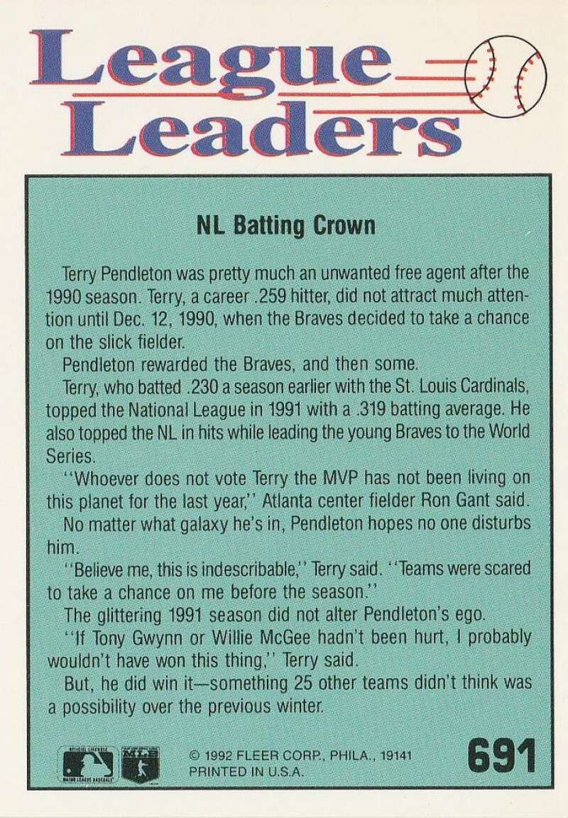 1992 Fleer Baseball #691 Terry Pendleton Atlanta Braves League Leaders  Official MLB Trading Card