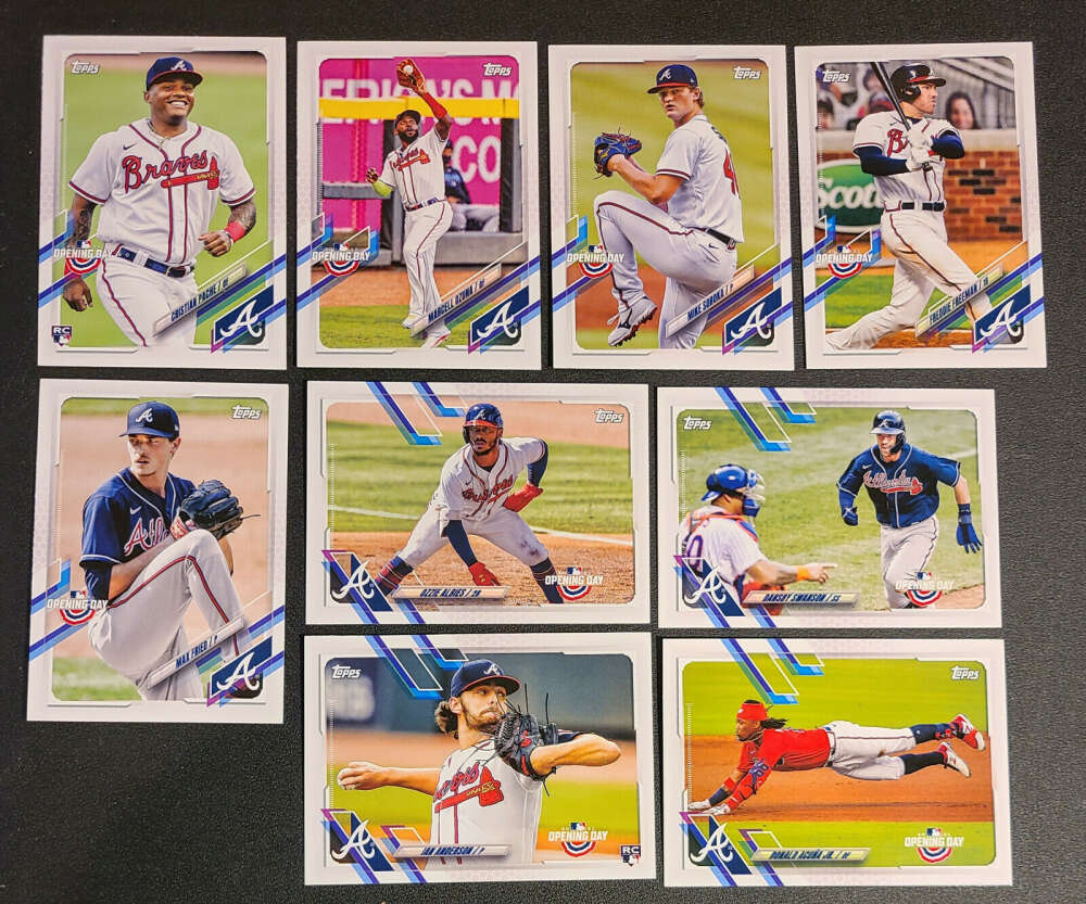 2021 Topps Opening Day Baseball Atlanta Braves Base MLB Hand Collated Team Set in Near Mint to Mint Condition of 9 Cards