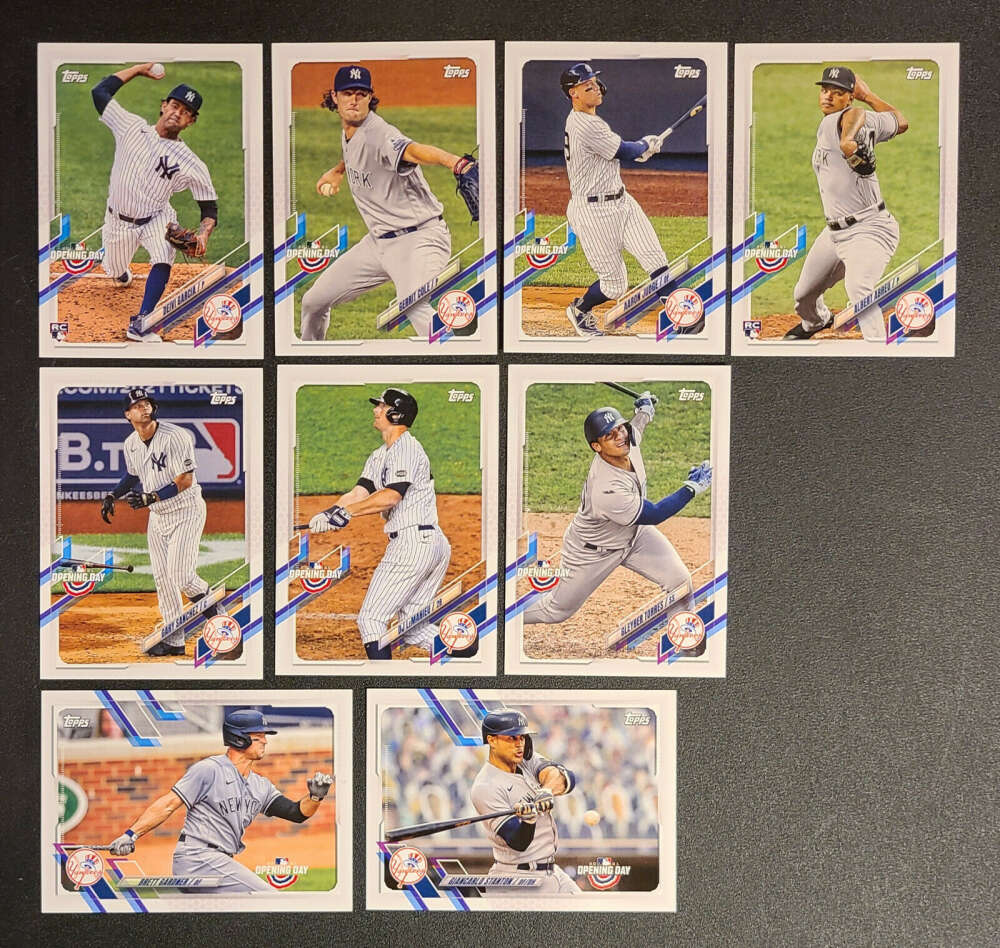 2021 Topps Opening Day Baseball New York Yankees Base MLB Hand Collated Team Set in Near Mint to Mint Condition of 9 Car
